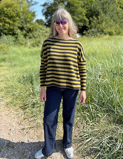 Neirami Boxy Knit in Olive and Charcoal Stripe
