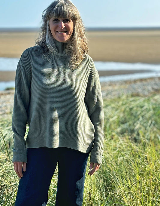 olive viscose rib turtle neck sweater