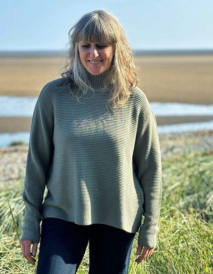 olive viscose rib turtle neck sweater