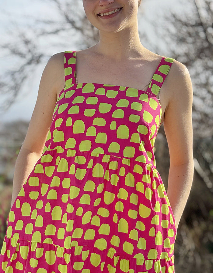 pink and green spot cotton sleeveless maxi length sundress