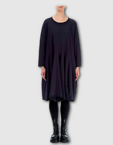 one size midnight navy cotton jersey swing dress with full length sleeves and godet panels in the skirt
