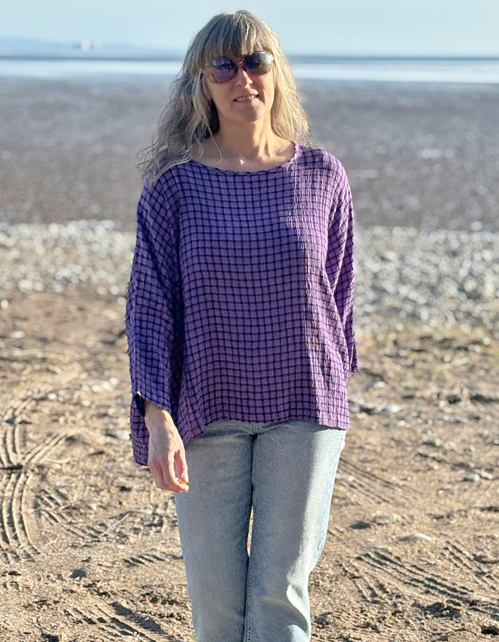 one size, oversized viscose blend summer top in purple with black check print