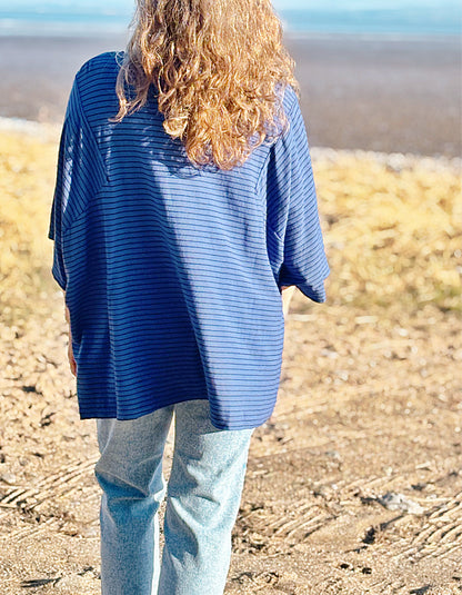 one size big top with round neckline and blocked out elbow sleeves in navy with black stripes