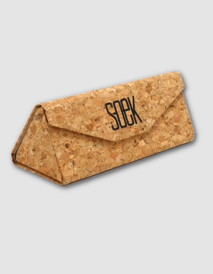 A triangular pouch made of natural cork with a flap closure and the word 'SOCK' printed in black on the front, shown on a light gray background.