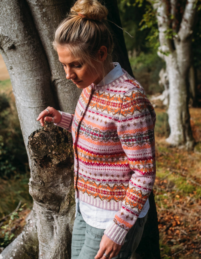 pink and orange fair isle cardigan made from Shetland wool