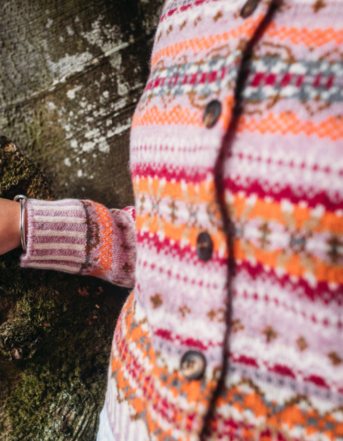 pink and orange fair isle cardigan made from Shetland wool