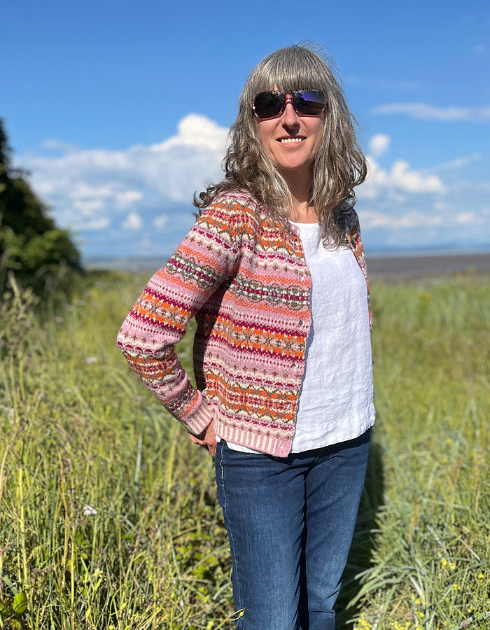 pink and orange fair isle cardigan made from Shetland wool