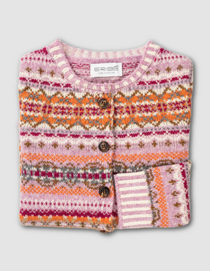 pink and orange fair isle cardigan made from Shetland wool