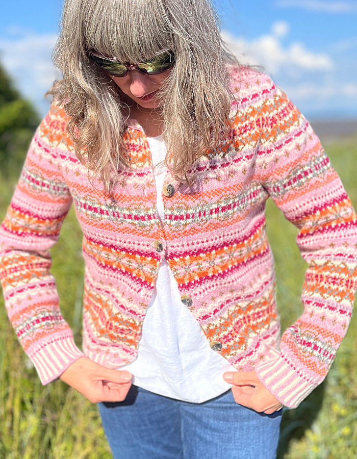 pink and orange fair isle cardigan made from Shetland wool