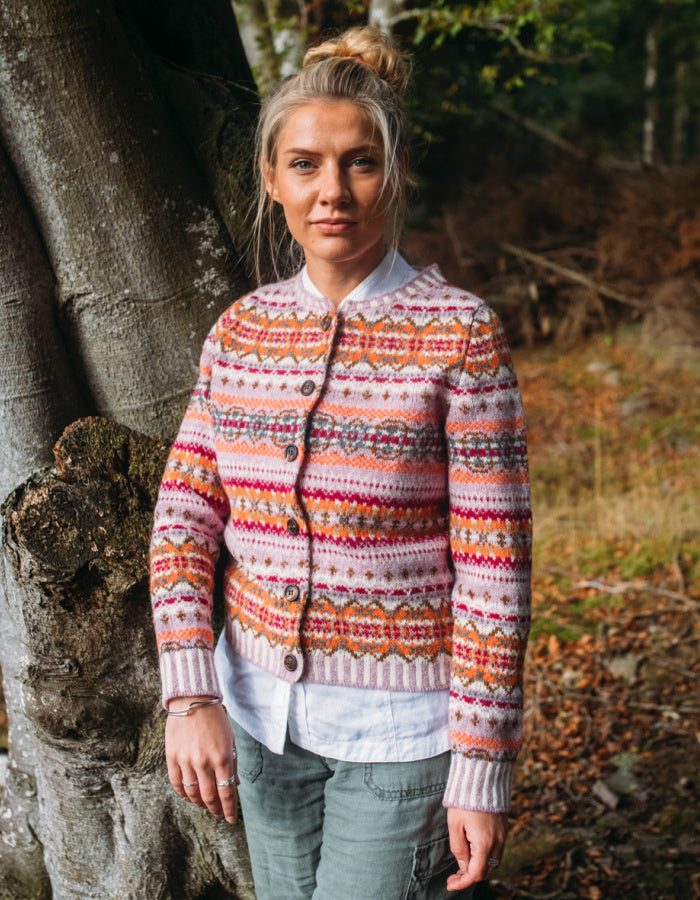 pink and orange fair isle cardigan made from Shetland wool