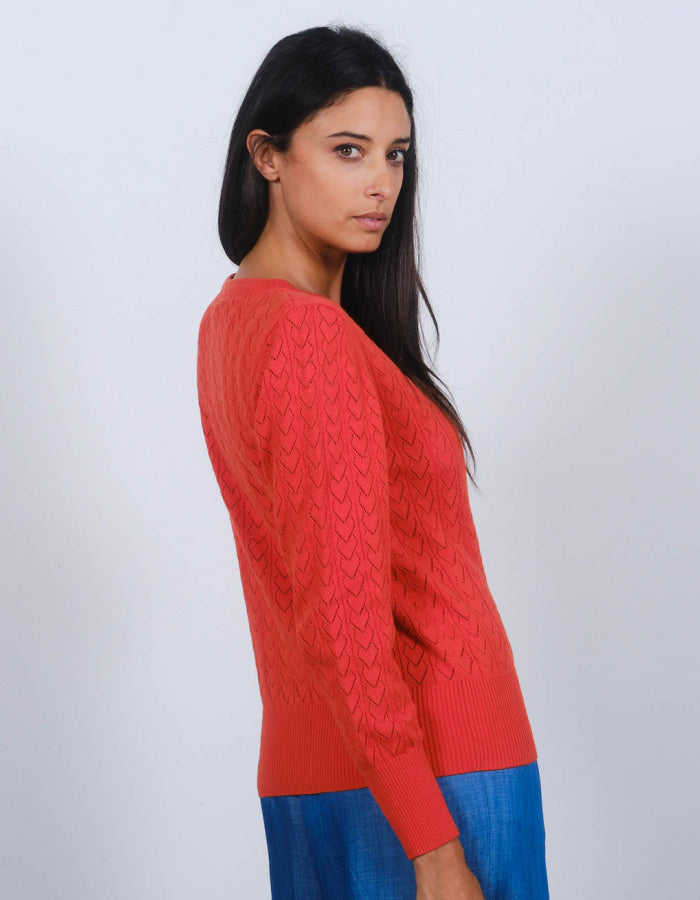 Pretty Vacant Heart Pointelle Cardigan in Spicy Orange
