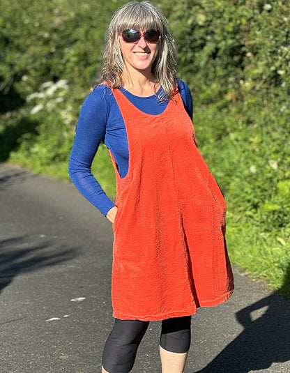 orange cotton jumbo cord pinafore dress