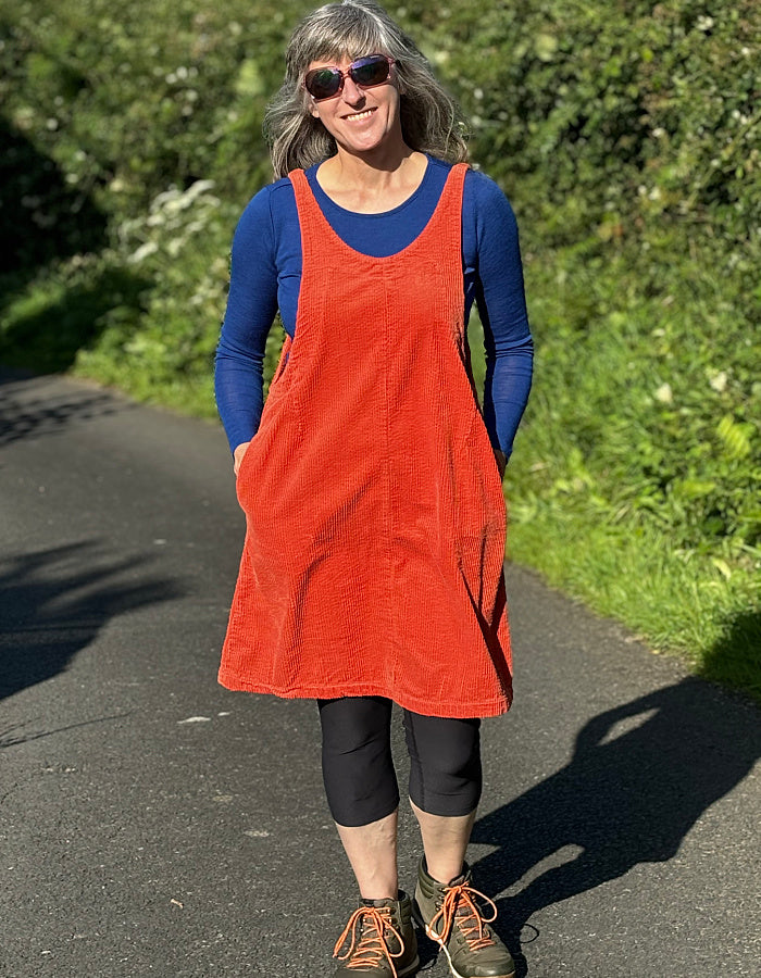 orange cotton jumbo cord pinafore dress