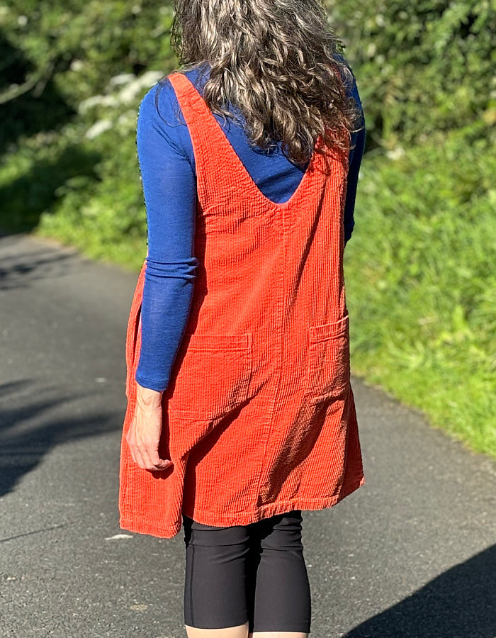 orange cotton jumbo cord pinafore dress