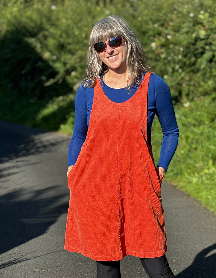 orange cotton jumbo cord pinafore dress