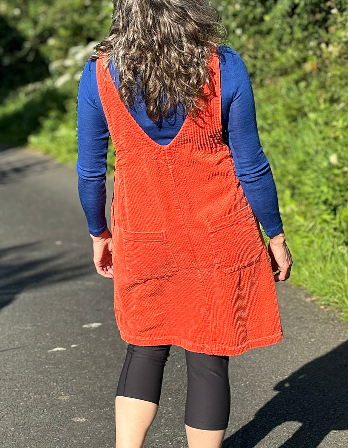 orange cotton jumbo cord pinafore dress