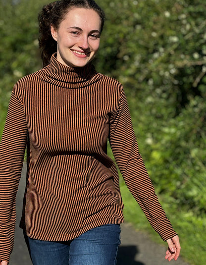 orange and black striped turtle neck with swing shape