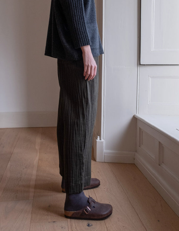 olive check cause cotton wide leg trousers