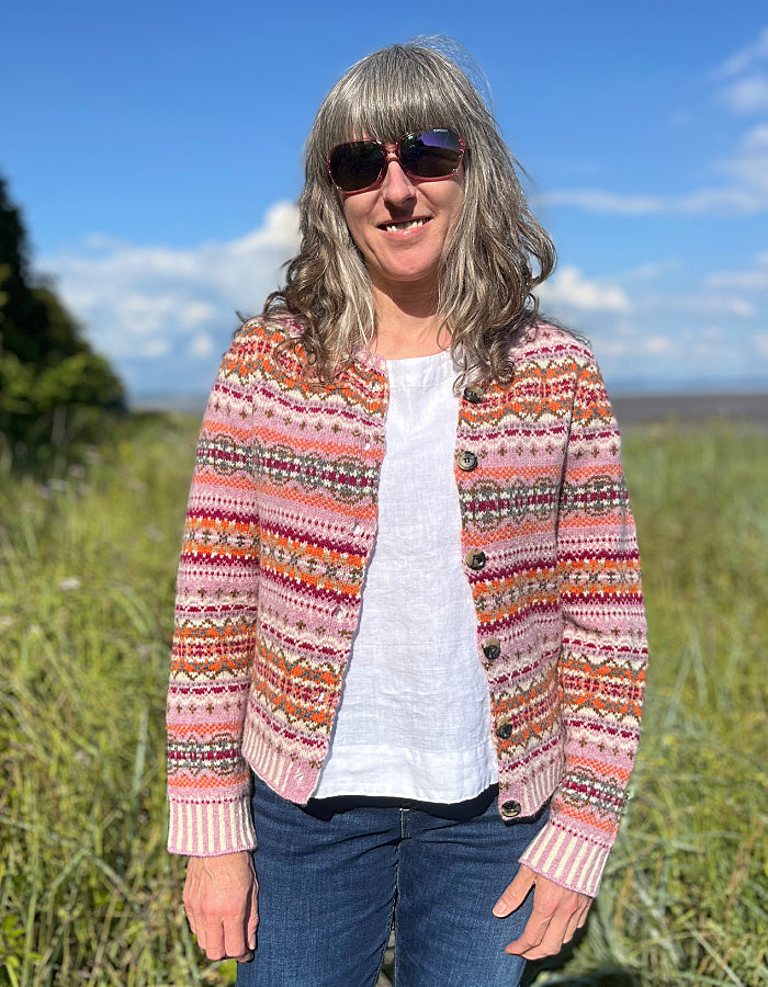 pink and orange fair isle cardigan made from Shetland wool