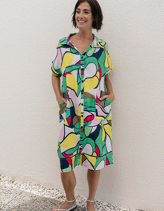 See Saw Pablo Print Linen Shirt Dress