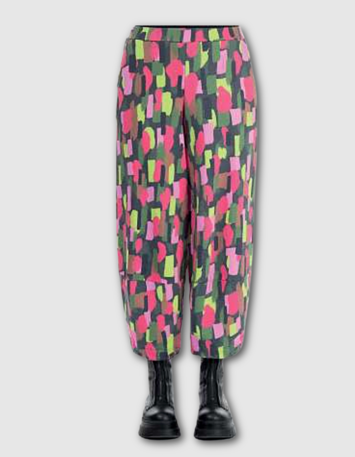 cotton jersey lantern shaped trousers with pink green and lime paint dash print