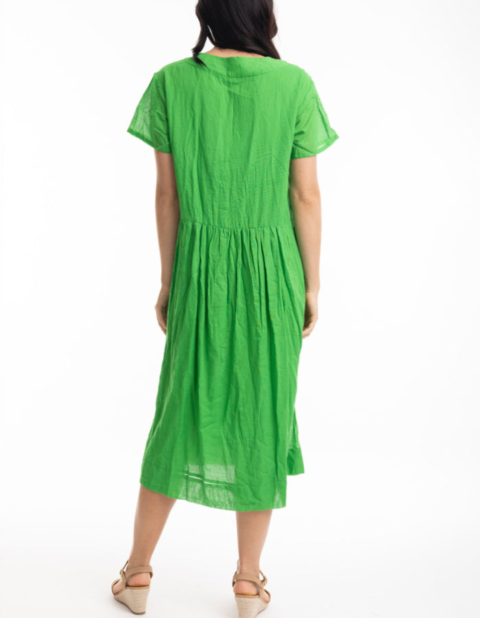 green cotton gauze midi length sun Dress with v neckline and short sleeves