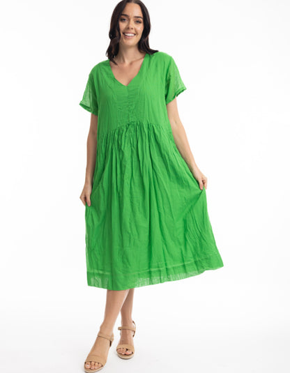 green cotton gauze midi length sun Dres with v neckline and short sleeves