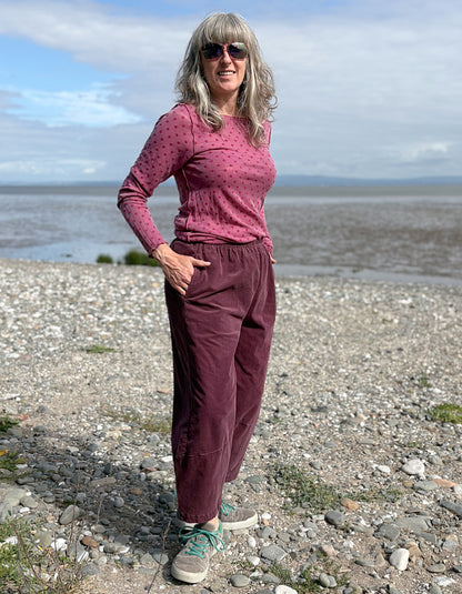 burgundy corduroy lantern pants and pink polka dot top