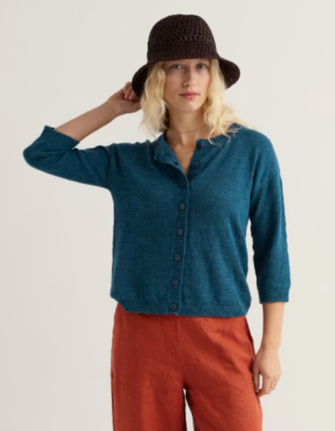 cotton linen blend summer cardigan in teal
