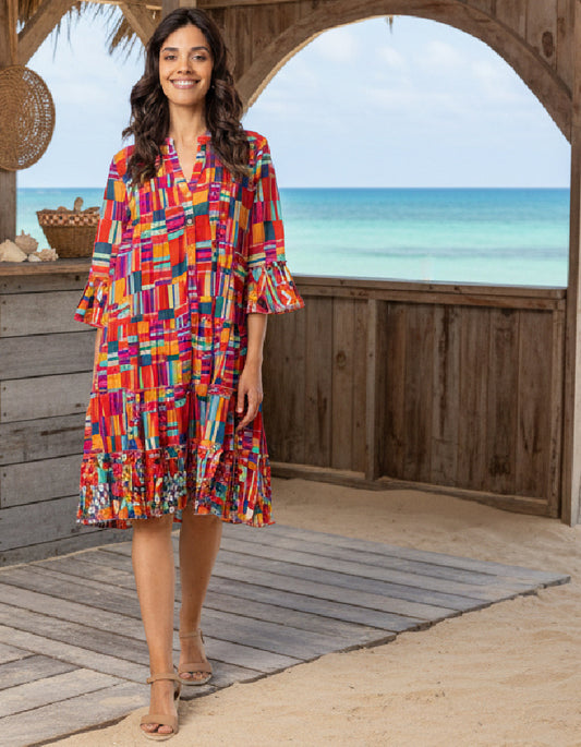 woman wearing multicolour cotton flared beach dress with sleeves