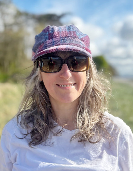 Heather Rhona Harris Tweed Cadet Cap in Pink Check