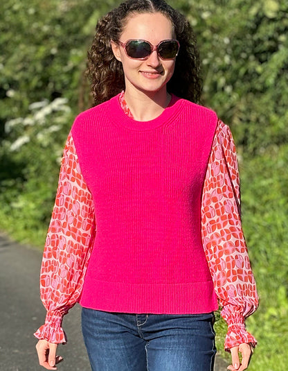 pink geo print shirred blouse