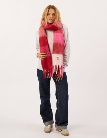 Billy Belt Oversized Fluff Scarf in Pink and Red Plaid