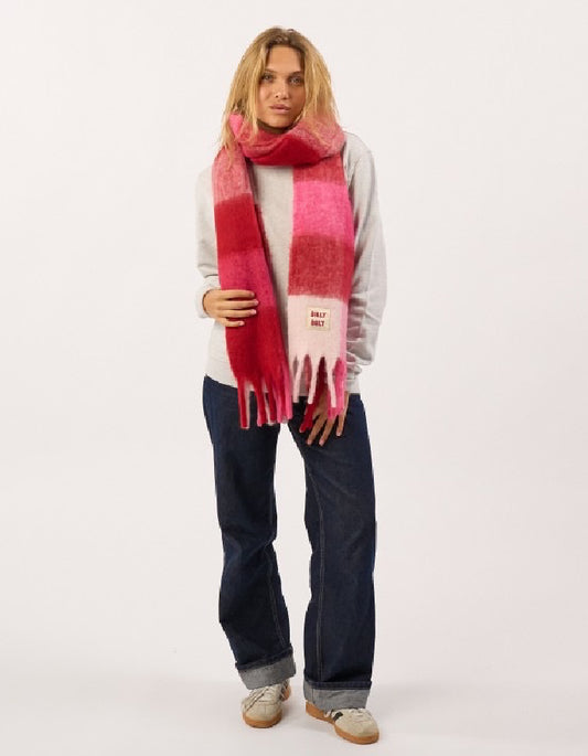 Billy Belt Oversized Fluff Scarf in Pink and Red Plaid