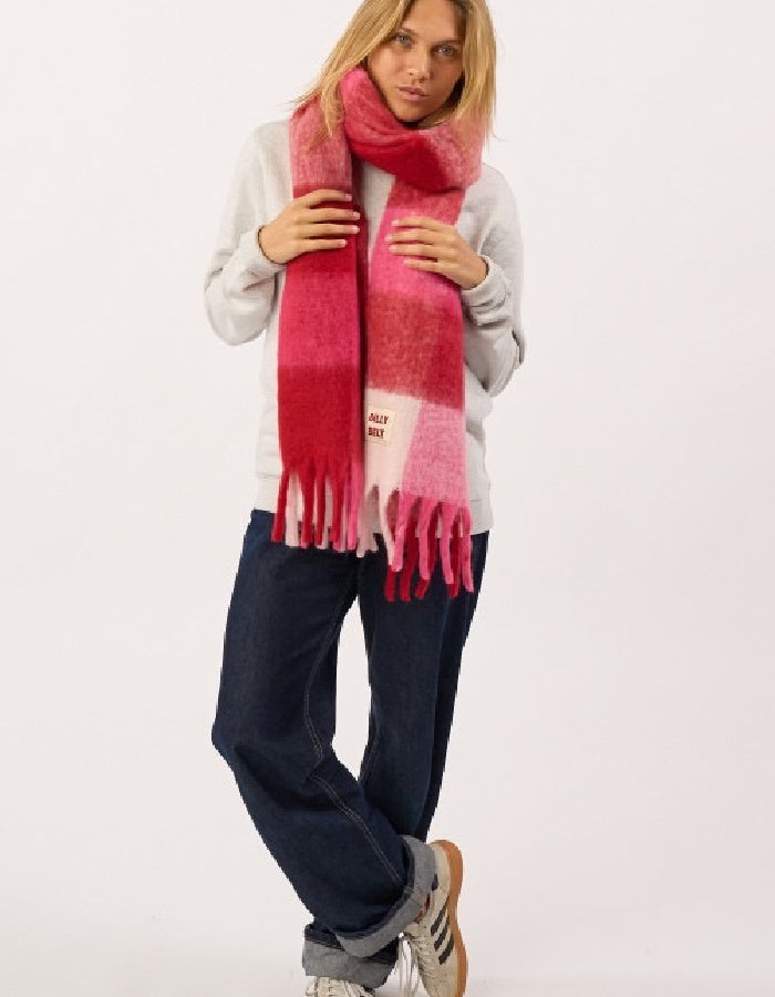 Billy Belt Oversized Fluff Scarf in Pink and Red Plaid