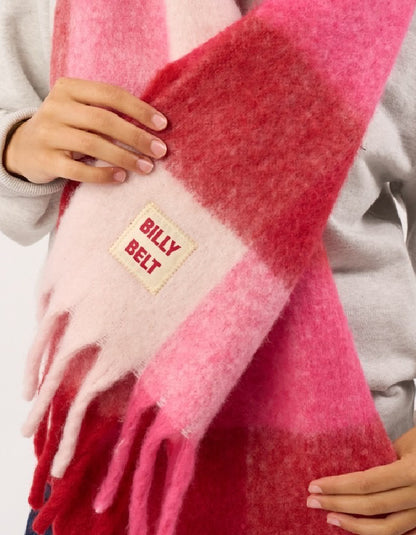 Billy Belt Oversized Fluff Scarf in Pink and Red Plaid