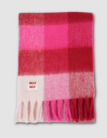 Billy Belt Oversized Fluff Scarf in Pink and Red Plaid