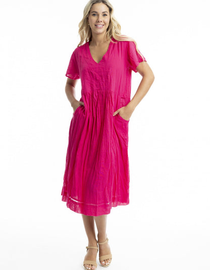 Orientique Cotton Gauze Peak Dress in Hot Pink