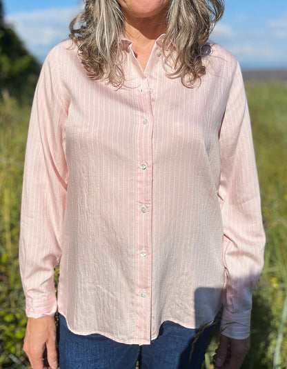 soft baby pink shirt with collar and button down front with white pin stripes