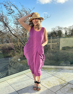 pink linen cotton crosshatch bubble dress with sleeveless design