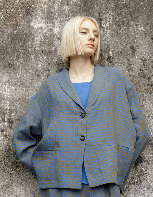 oversized linen blazer swing jacket in khaki and sky blue checks