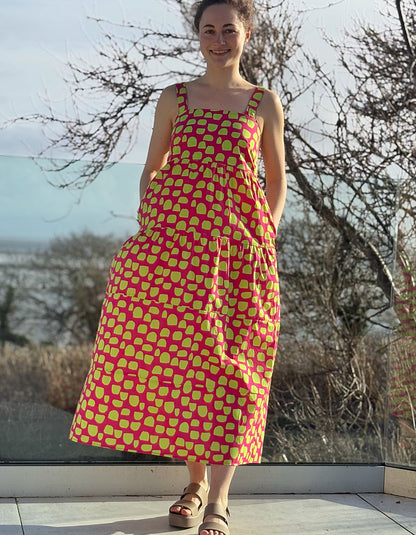 pink and green spot cotton sleeveless maxi length sundress