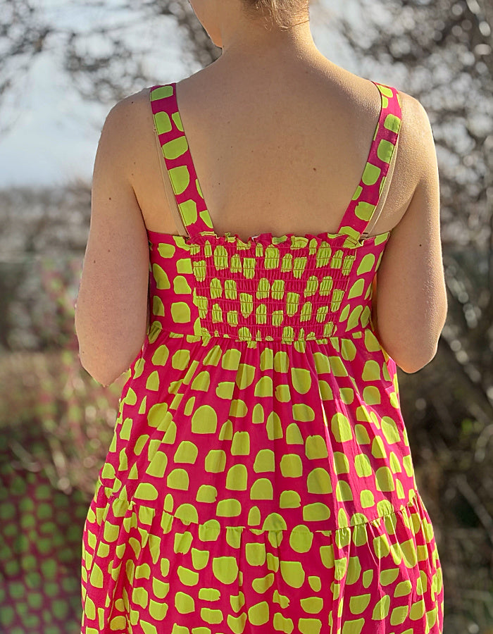 pink and green spot cotton sleeveless maxi length sundress