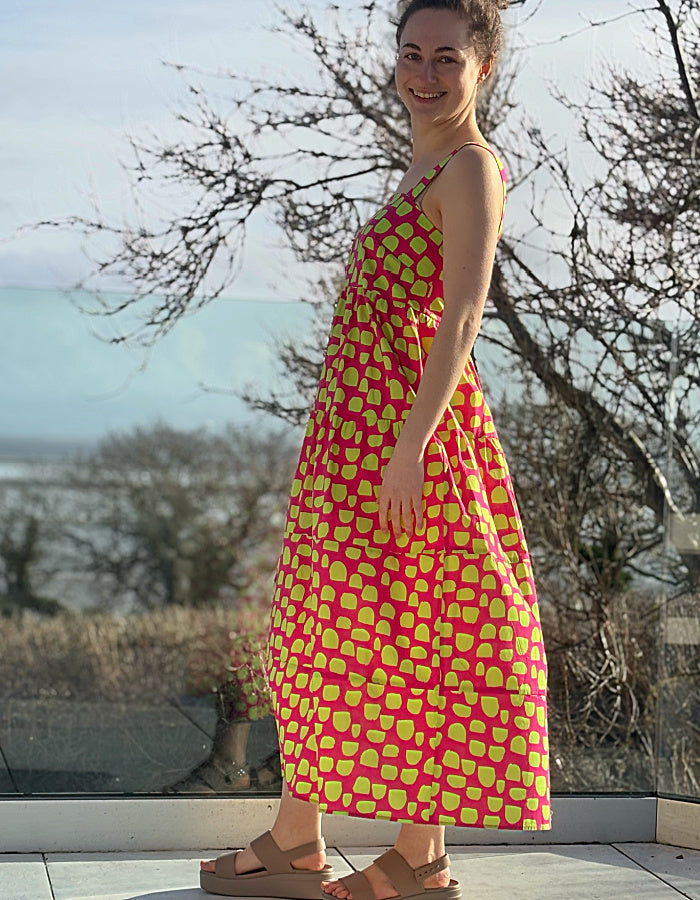 pink and green spot cotton sleeveless maxi length sundress