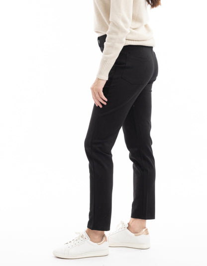 lady wearing black stretch straight leg pull on trousers