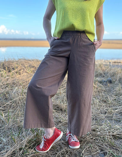 wide leg brown cotton poplin trousers