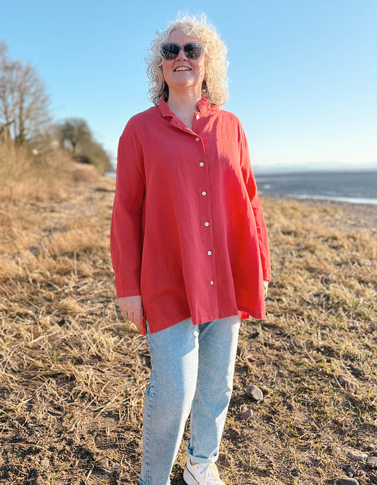 red cotton linen A-line summer shirt stand up collar and side pockets