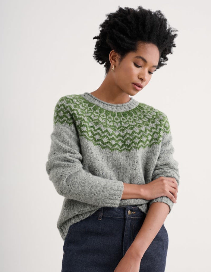 grey merino wool sweater with green fair isle design in the yoke