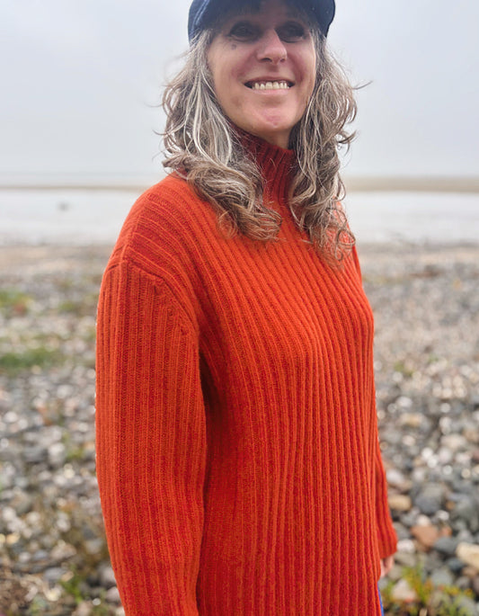 orange ribbed wool fisherman style sweater
