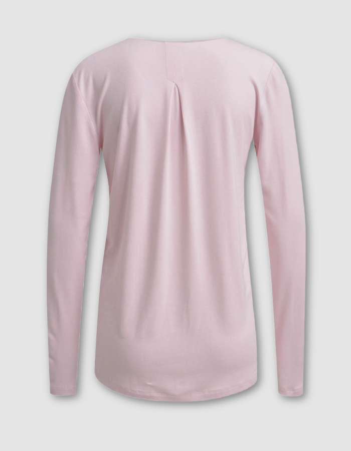 powder pink chiffon blouse with v-neckline and full length sleeves